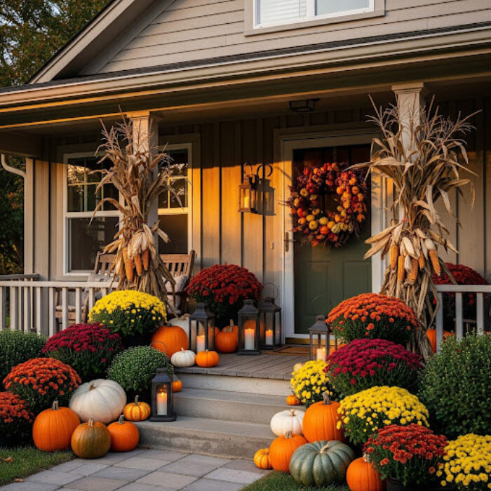 A fall porch is decorated with pumpkins, mums, corn stalks, a seasonal wreath and lanterns.