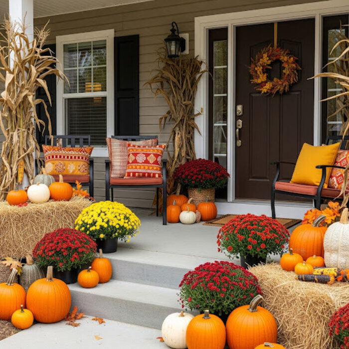 A fall porch is decorated with pumpkins, mums, hay bales, corn stalks, a seasonal wreath and festive pillows on chairs.