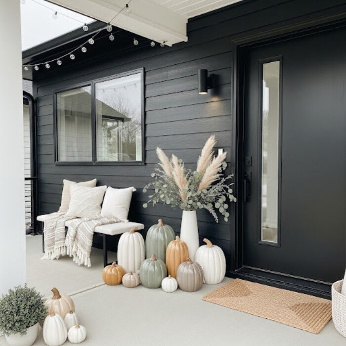 A modern home’s porch is decorated for fall using muted-colored pumpkins, neutral-colored blankets and pillows, sage green eucalyptus and beige pampas grass.