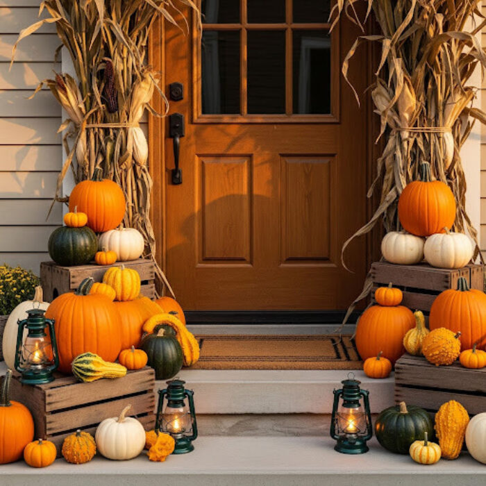 A porch vignette uses corn stalks, pumpkins, gourds, lanterns and wooden crates to create a festive exterior design.