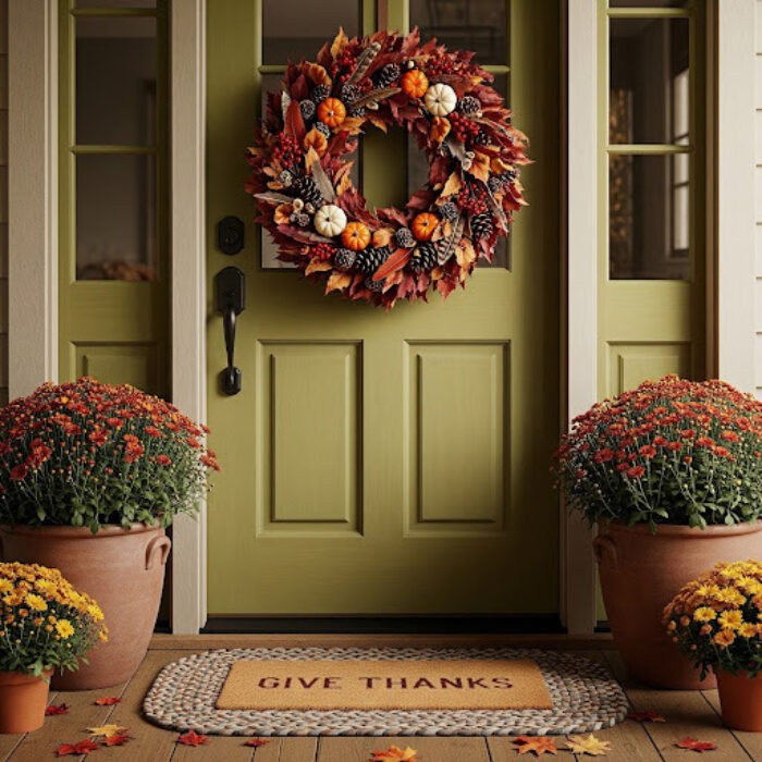 An entryway is decorated for Thanksgiving with a seasonal wreath, mums and a festive welcome mat.