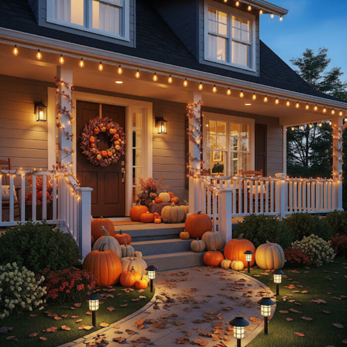 A home is decorated for Thanksgiving with a seasonal wreath, pumpkins and stunning lighting.